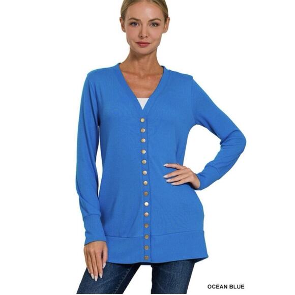 Zenana Snap Button Front Long Sleeve Cardigan Sweater Side Pockets Size M - Picture 1 of 3